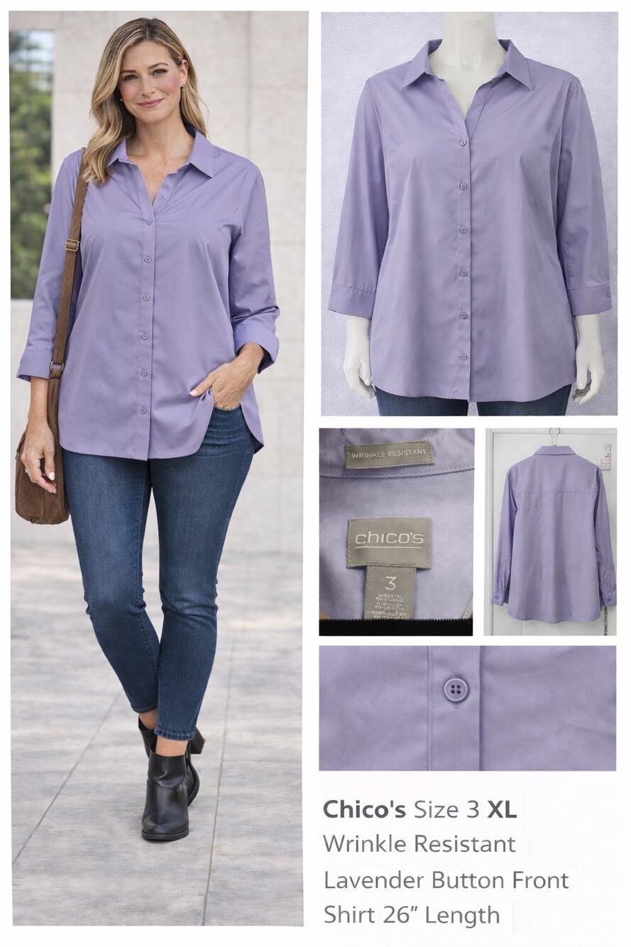 Chico’s Wrinkle Resistant Button Front Shirt Size 3 XL Lavender Non Iron Top